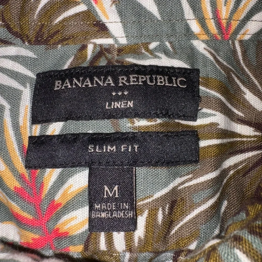 BANANA REPUBLIC Linen Shirt Mens M Green Tropical Camp Floral Slim Short‎ Sleeve
